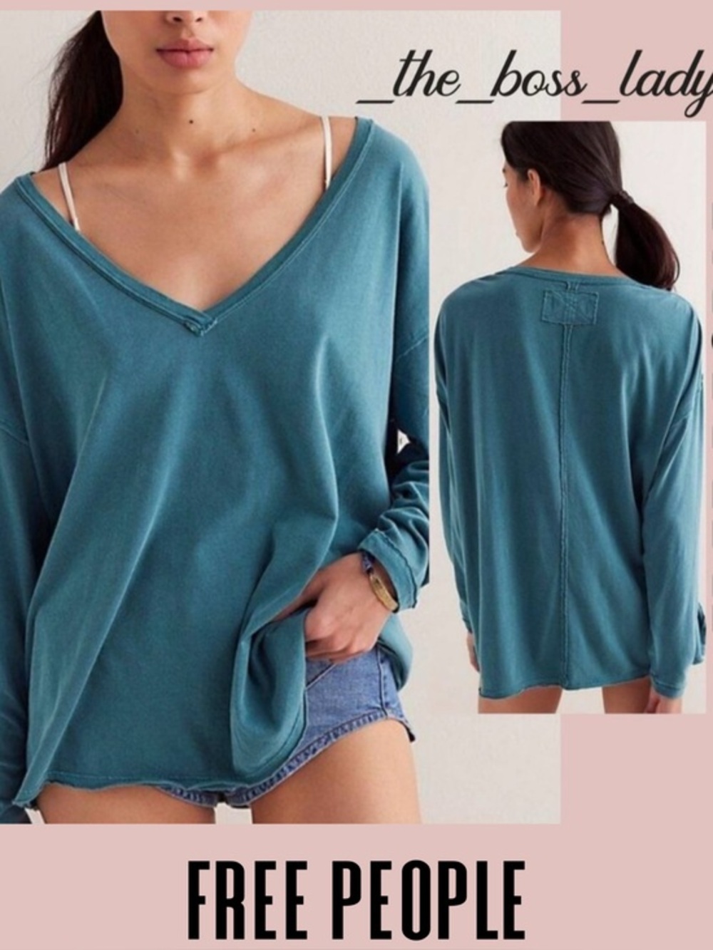 Free People tee shirt cotton jersey oversized top v-neck Small